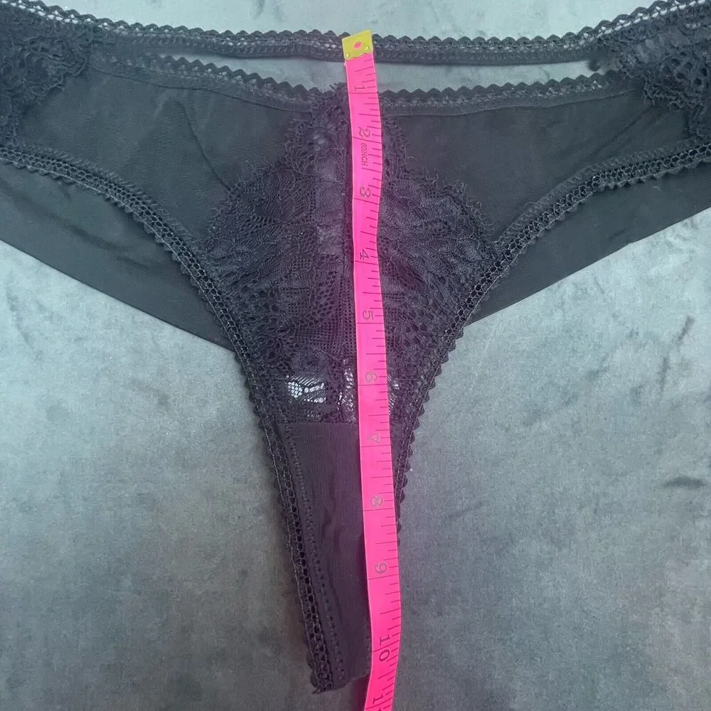 Thistle and Spire Eyelash Mirage Thong Womens XL Black Lace Sheer‎